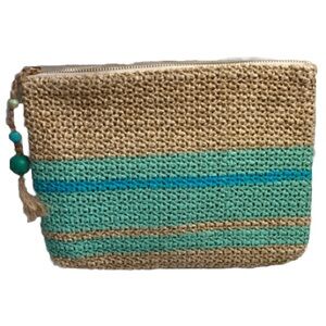 Nautical Clutch Purse Small Jute Teal Stripes Jute Pull Wooden Bead and Tassel